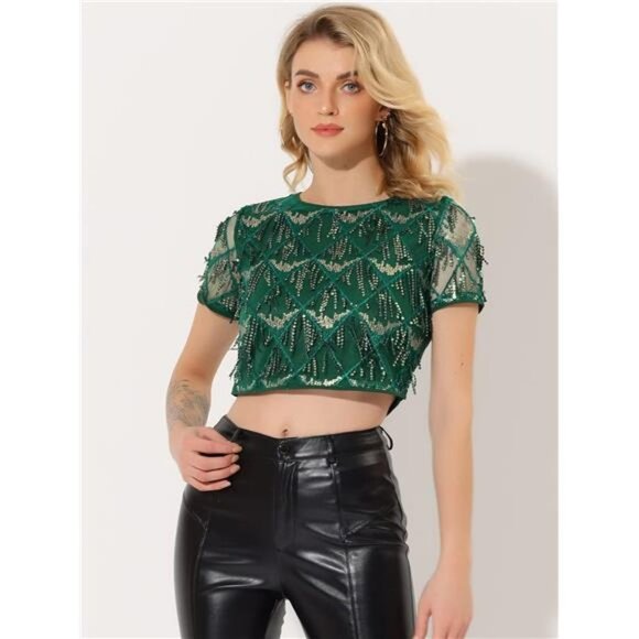 Emerald Sequin Tassel Shiny Embellished Short Sleeve Crop Top Dressy Party Shirt - Picture 1 of 6